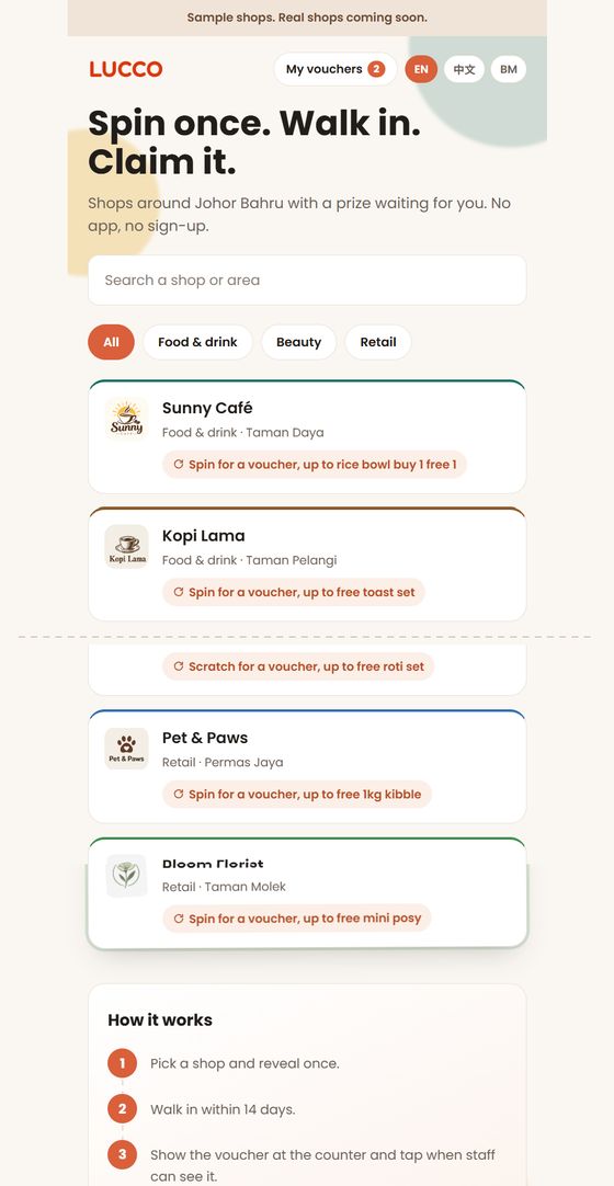 CatchMe shop directory listing shop names, areas and the top prize available
